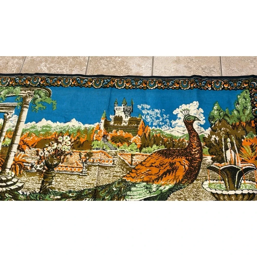 Vintage 1970s Peacock Velvet Tapestry Wall Hanging Castle Fountain 60x39‎